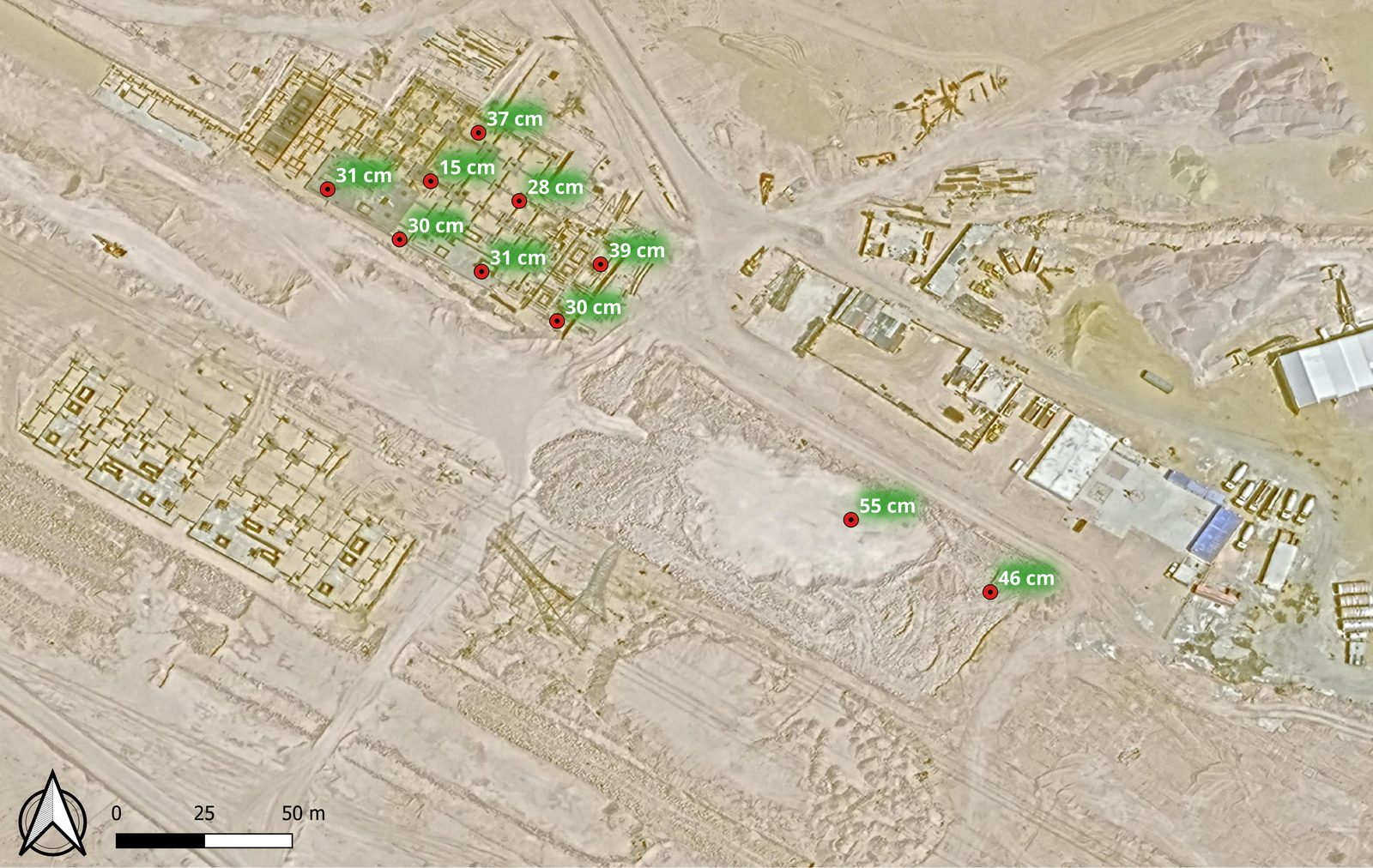 High-resolution satellite image of a construction platform with georeferenced test point results overlaid