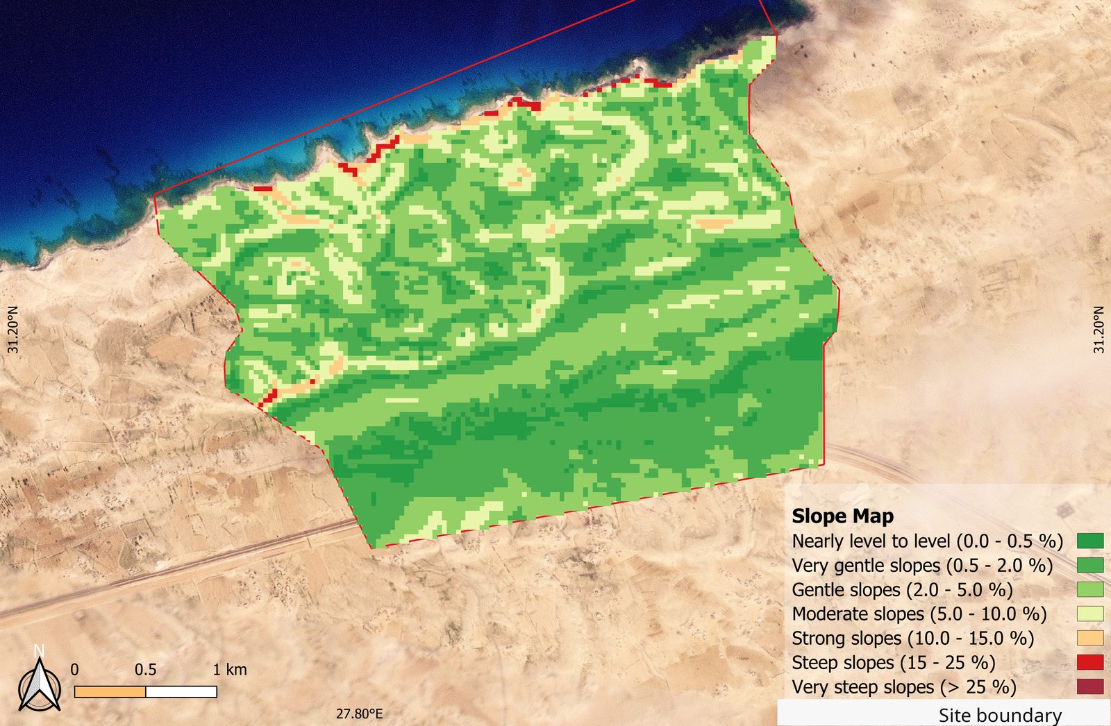 Real slope classification map over a coastal development site — slope classes from nearly level (dark green) to very steep (red), site boundary outlined