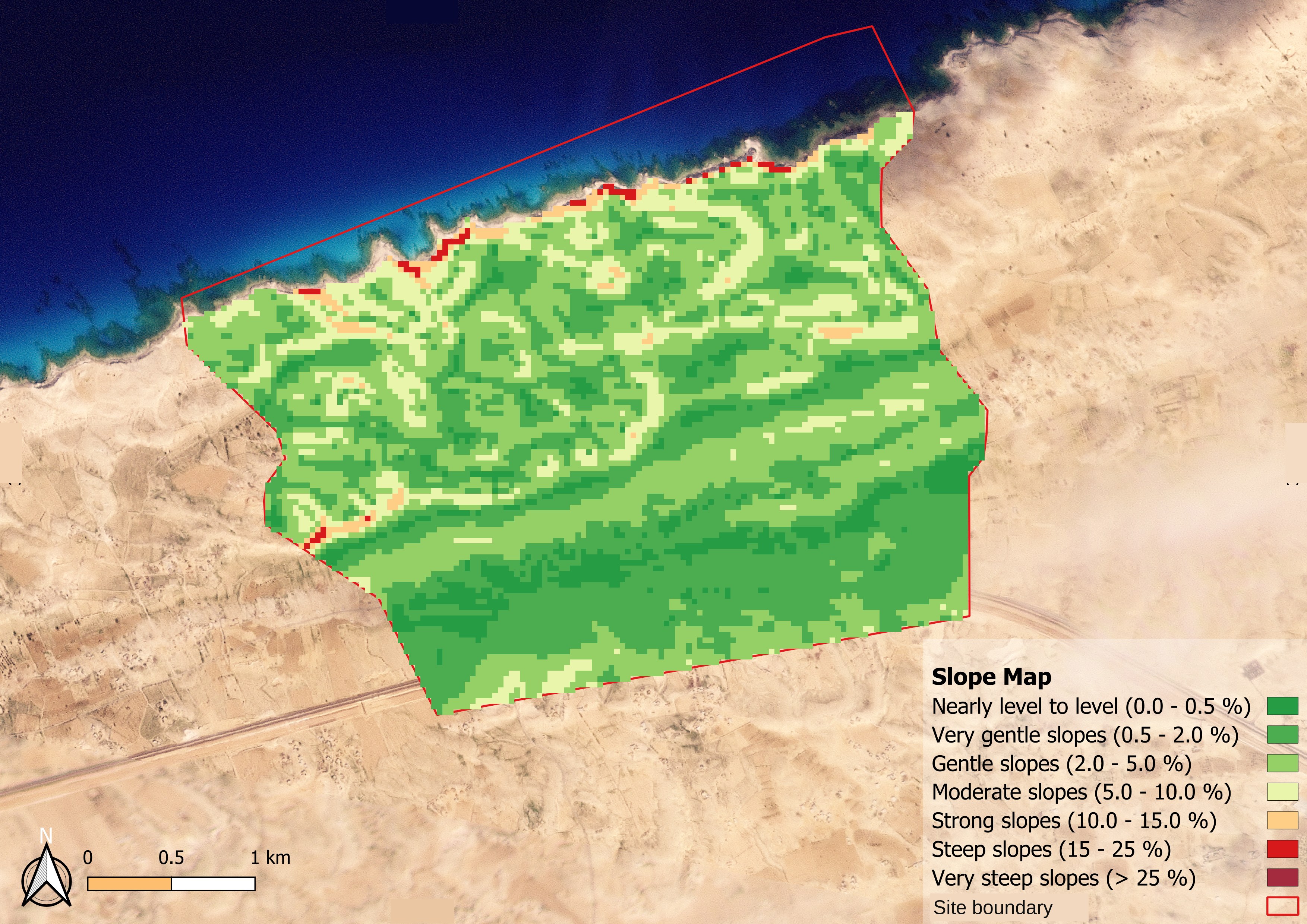 Real slope classification map over a coastal development site — slope classes from nearly level (dark green) to very steep (red), site boundary outlined