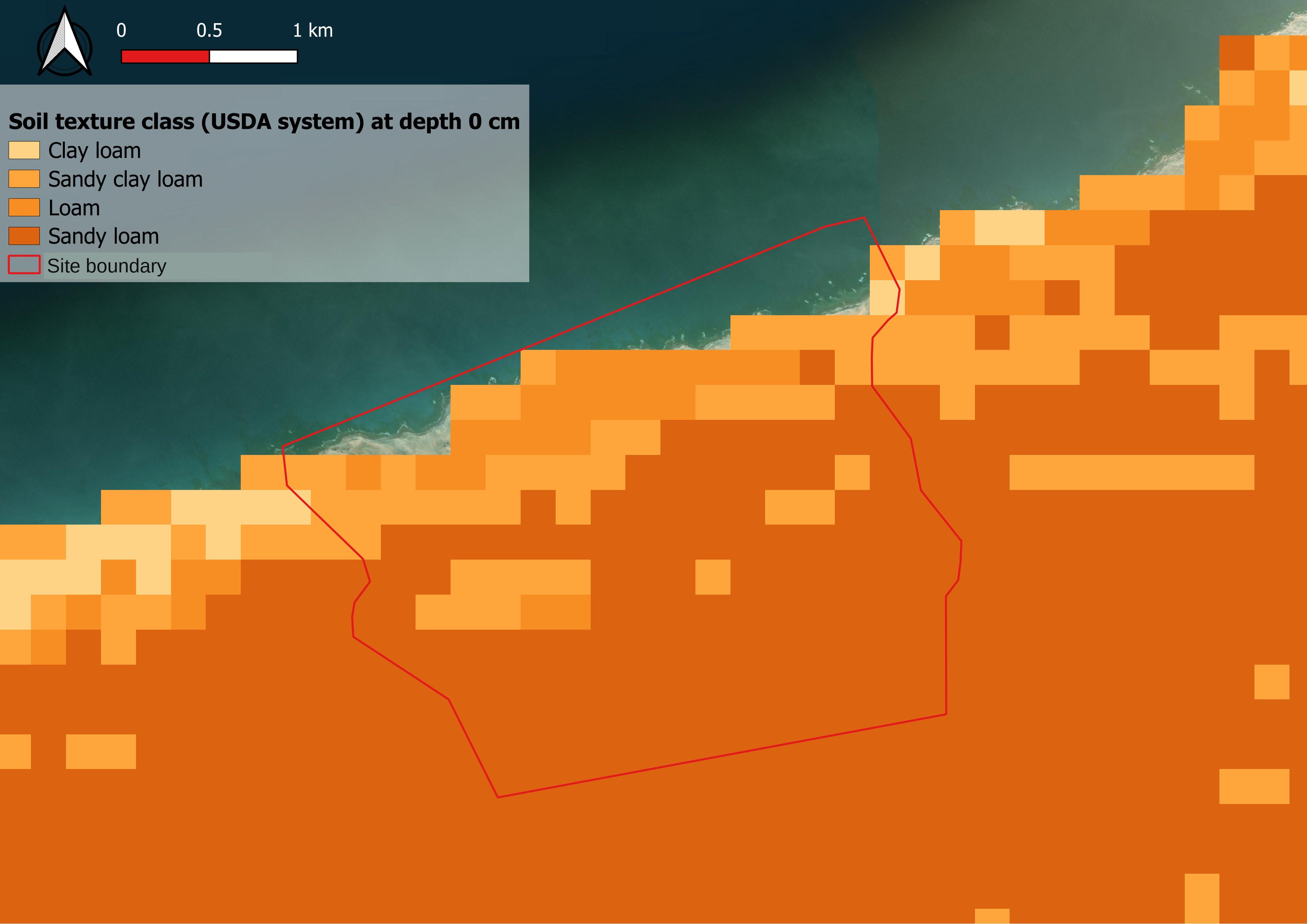 Real soil texture class map (USDA system) at ground surface — clay loam, sandy clay loam, loam and sandy loam zones over a coastal site
