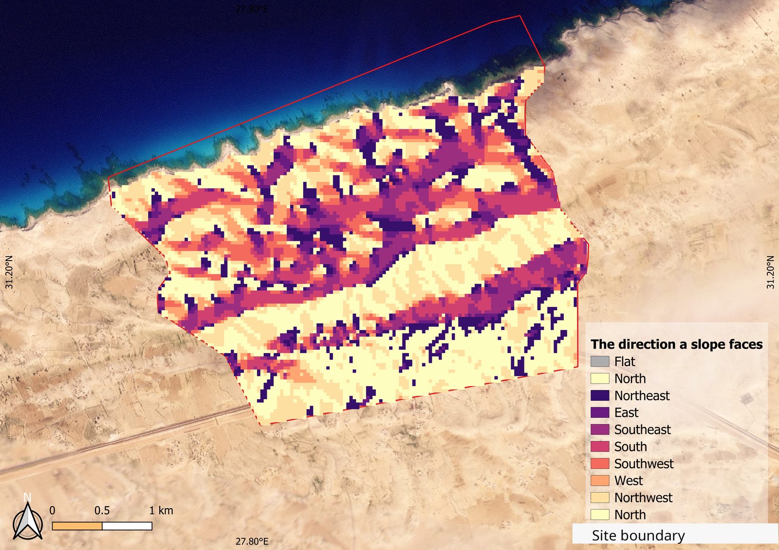 Satellite-derived aspect map showing the direction each slope faces across a remote coastal site