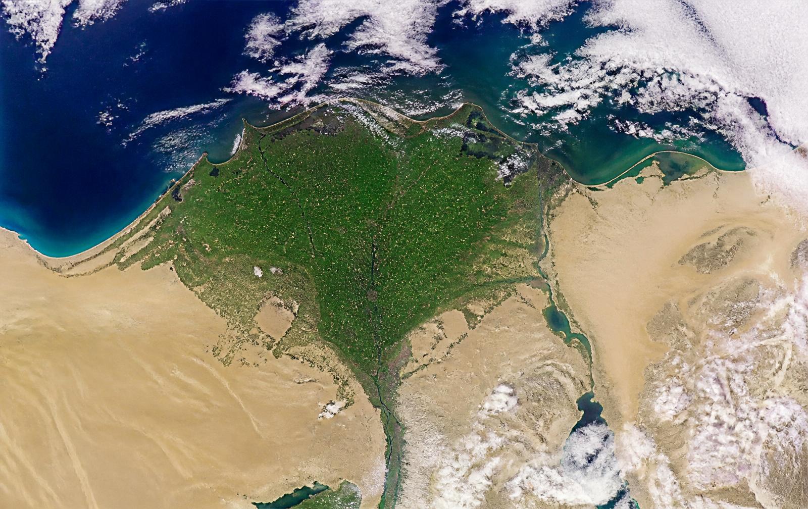 Satellite remote sensing view of the Nile Delta with terrain analysis overlay