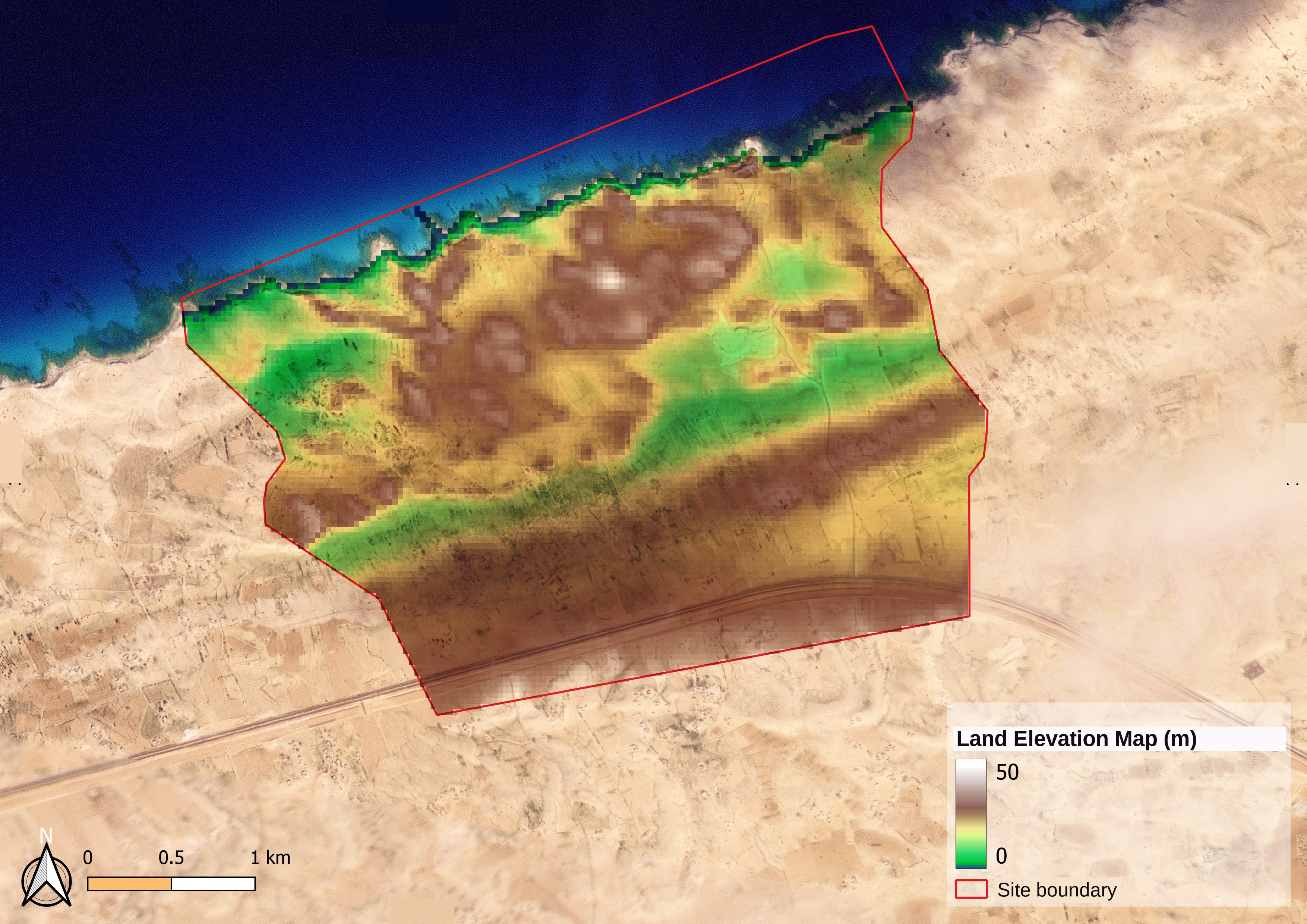 Real land elevation map in metres — colour ramp from green (0 m) to brown and white (50 m) across a coastal site