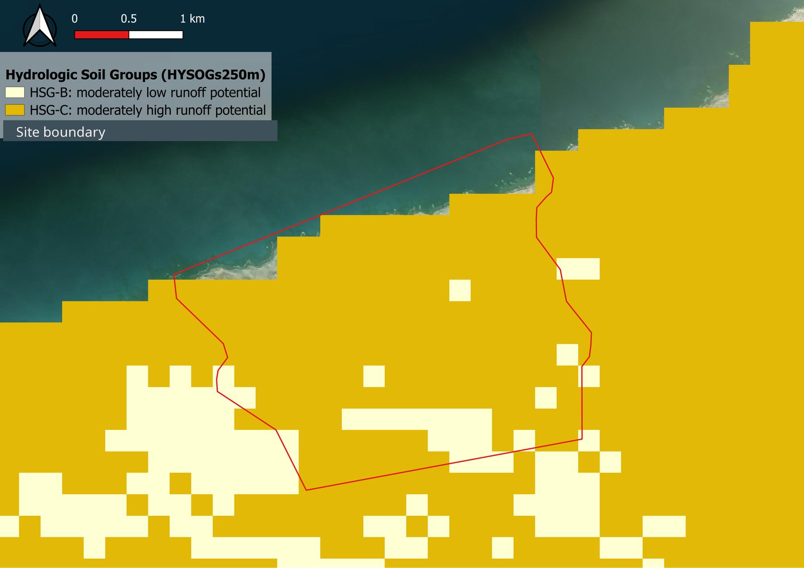 Hydrologic soil group map along a Mediterranean shoreline, classified from satellite and global soil datasets
