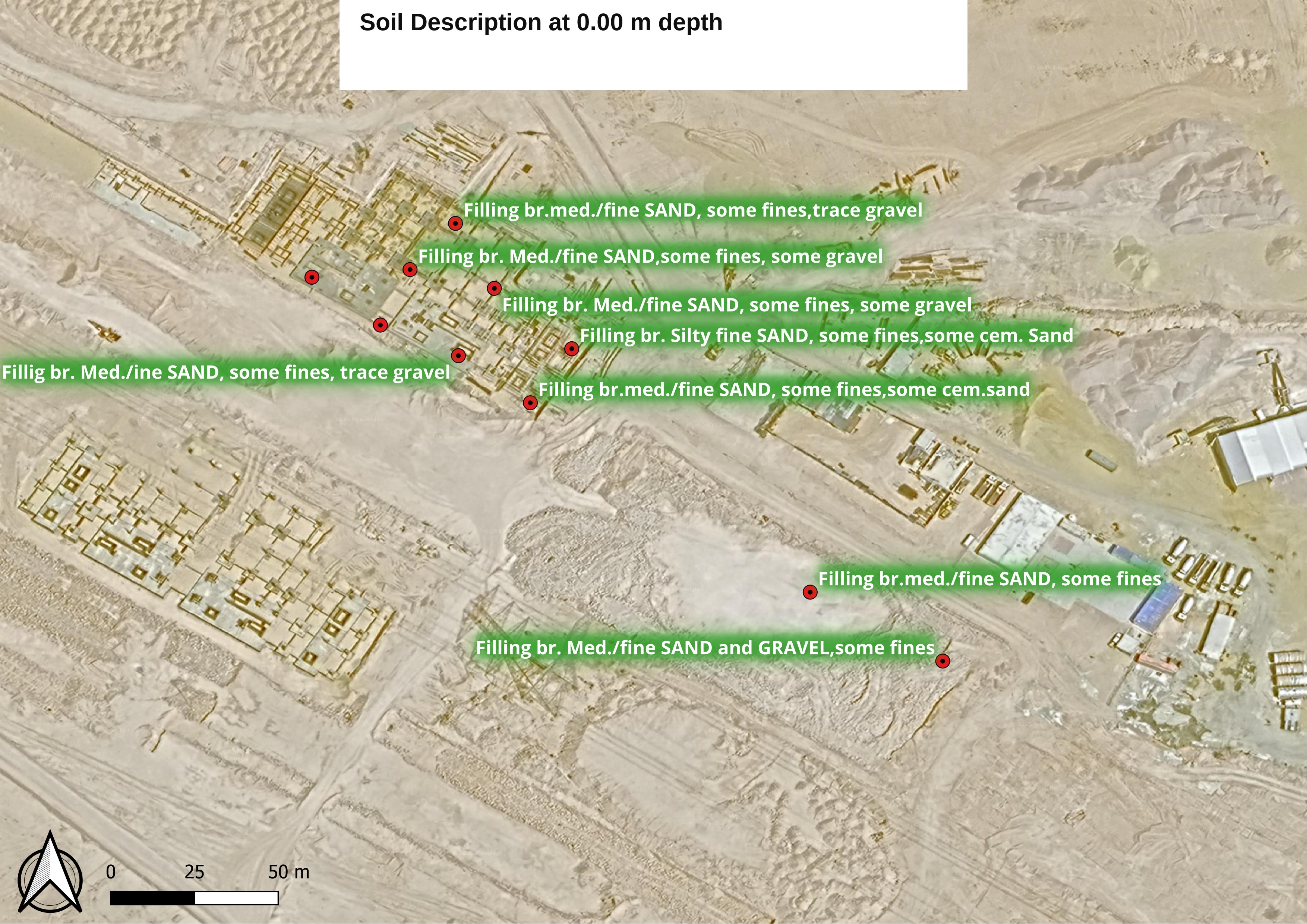Real GIS borehole data map — borehole points labelled with soil descriptions at 0.00 m depth over a construction site