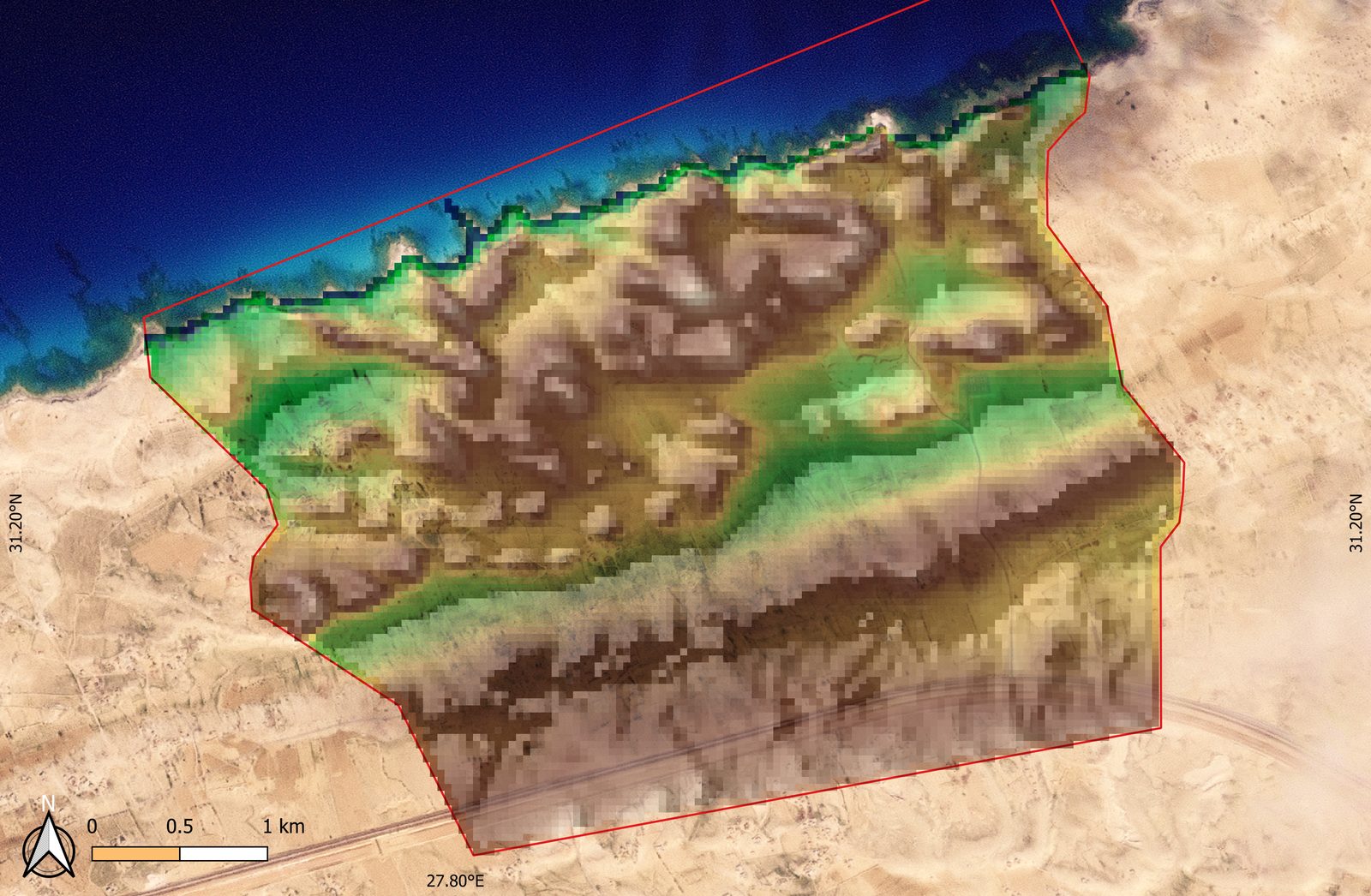 Shaded relief map derived from satellite elevation data, revealing ridges, wadis and coastal landforms across a project area